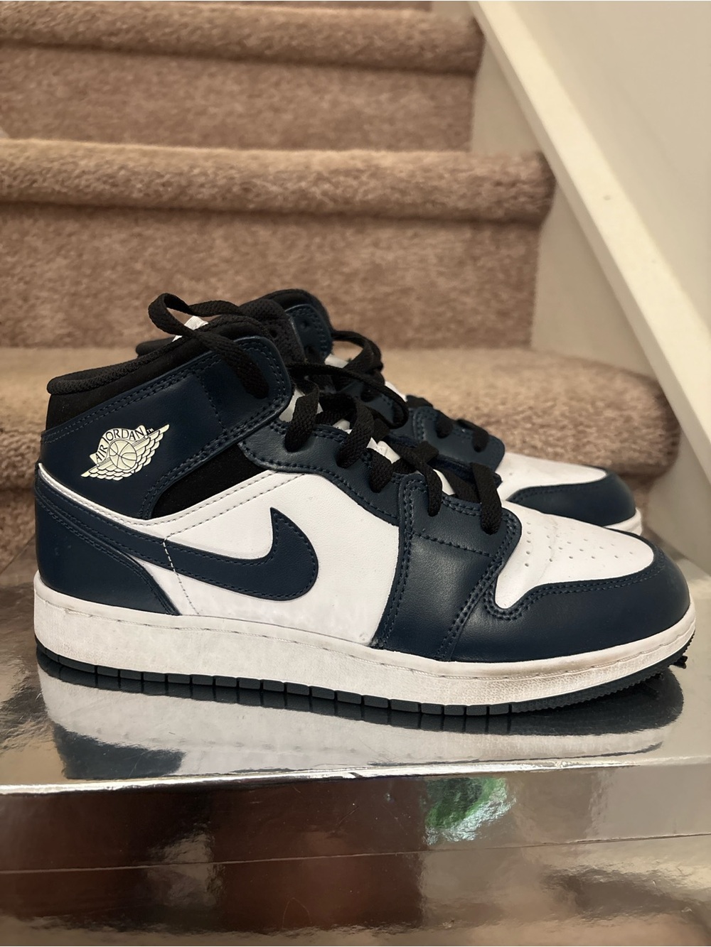 Jordan 1 Mid-Top Sneakers in Navy and White
